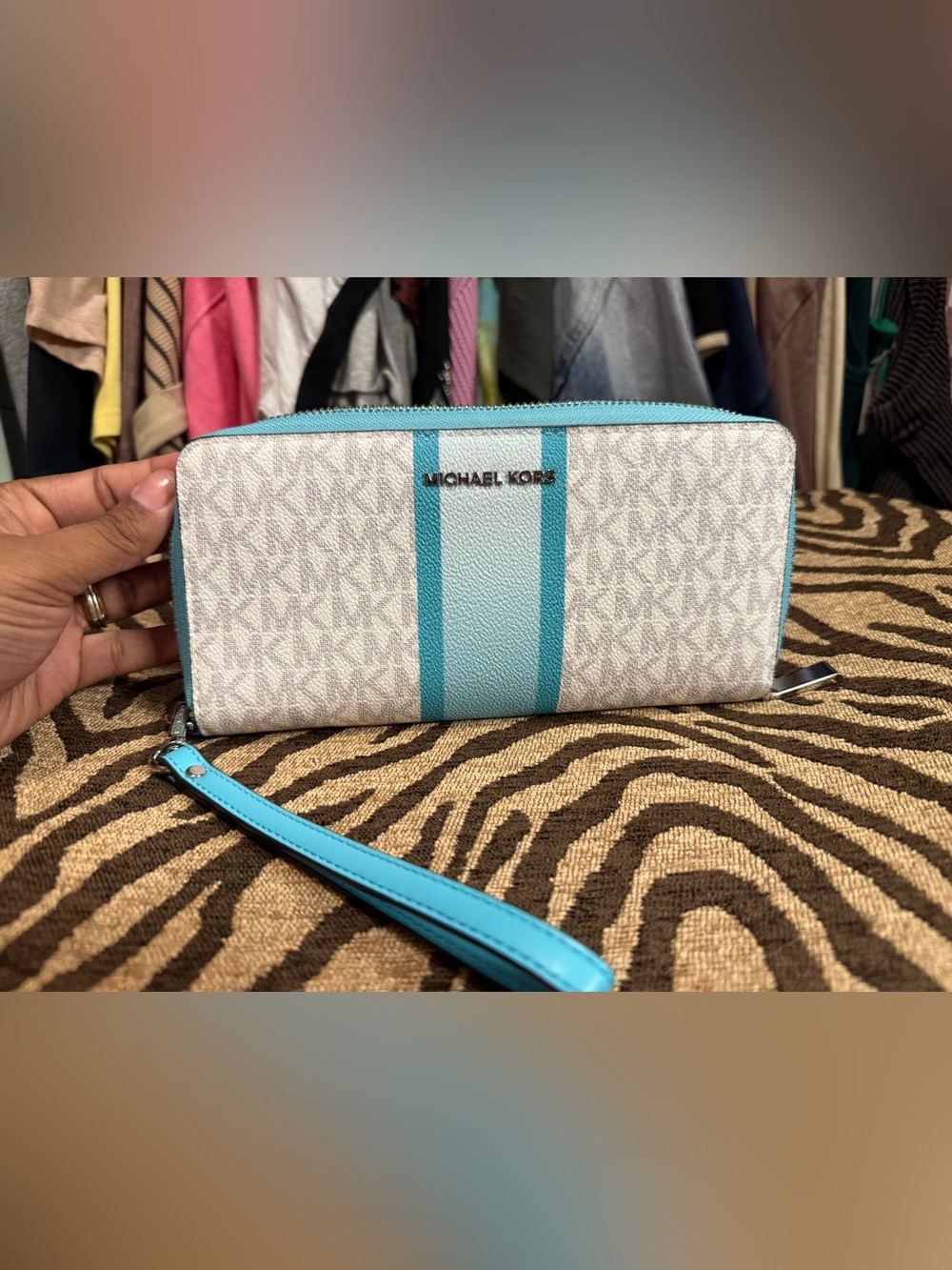 Michael Kors White & Turquoise Logo Stripe Wristlet Wallet
